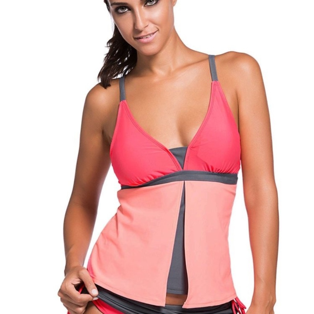 Hester Women‎ Colorblock Tankini TOP ONLY, Coral, peach with gray trim, Size XL